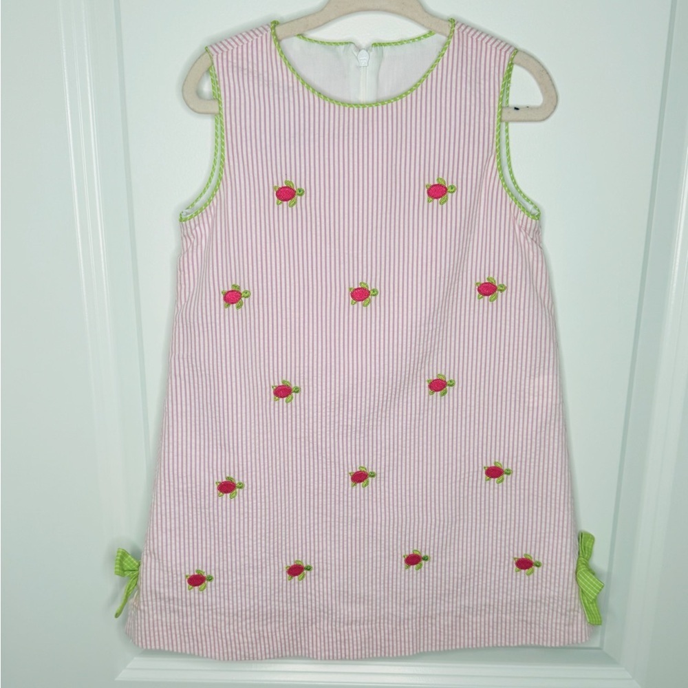 ANAVINI Hand Smocked Pink/White Seersucker Turtles Girls Dress Size 3